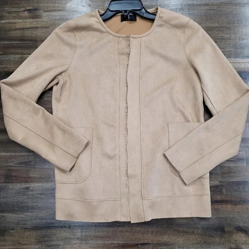 Tahari Faux Suede Lace Trim Open Front Jacket